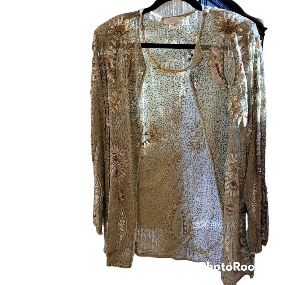 Lew Magram green, white, and gold cardigan/duster. Sequins throughout.